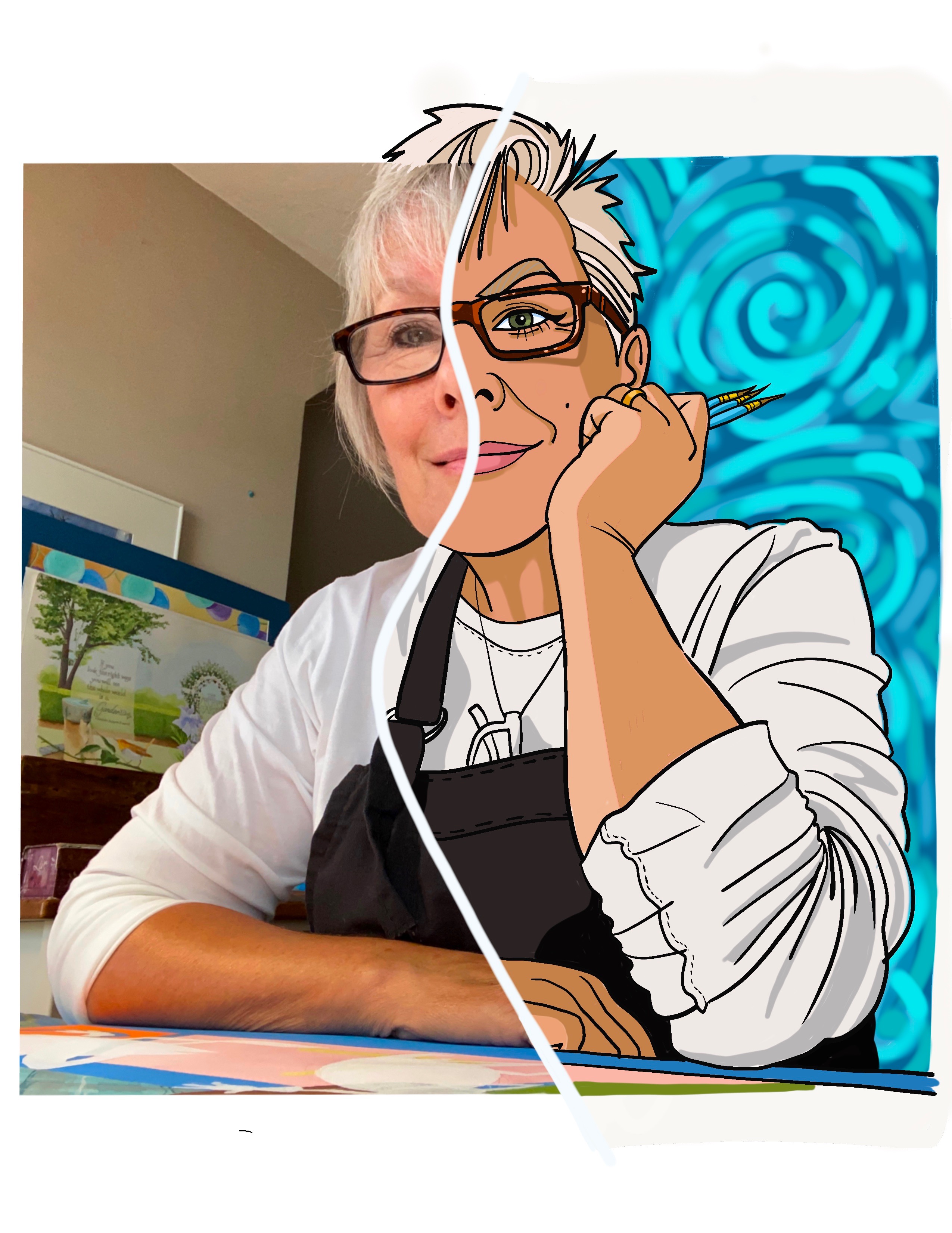 a photo portrait of woman with white hair, with one half of the portrait drawn as a cartoon with swirly background