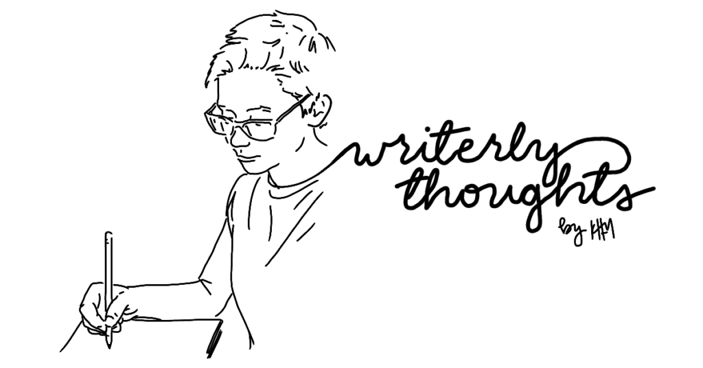 line drawing of woman with glasses writing on notebook paper, with words "writerly thoughts"