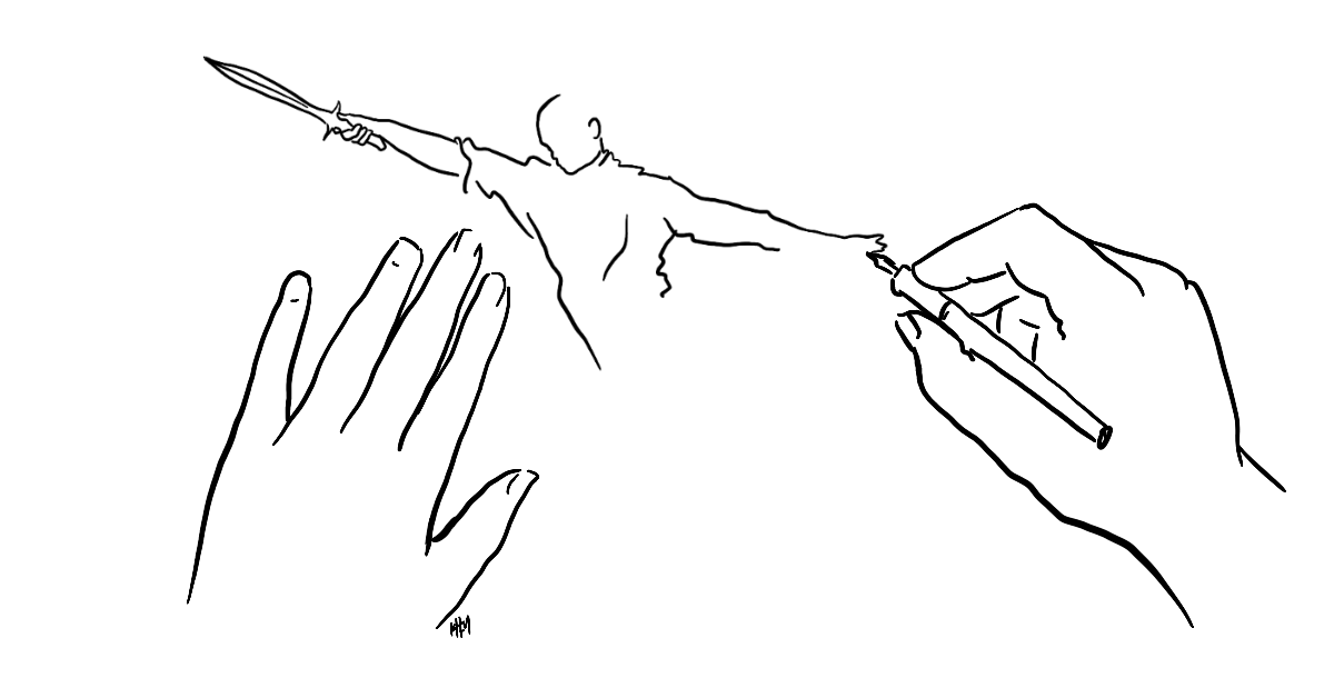 line drawing of two hands drawing a figure holding out a sword